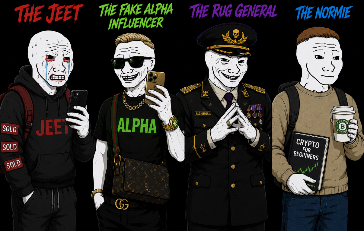 Known hostiles lineup: The Jeet, The Fake Alpha Influencer, The Rug General, The Normie